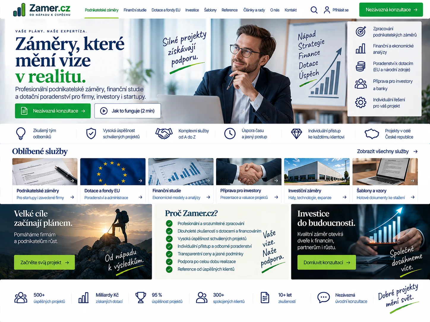 Ilustrační návrh poradenského webu Zamer.cz v modré, zelené a bílé s konzultantem a projektovým grafem